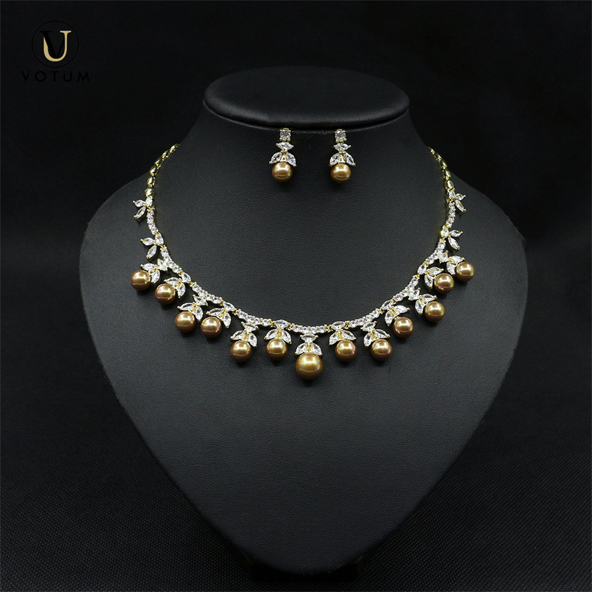 Votum S925 Gold Plated Freshwater Pearl Moissanite Necklace Earring Jewelry Set